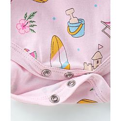 Babyhug 100% Cotton Single Jersey Knit Frill Sleeves Frock Style Onesie with Hairband Beach Theme - Pink