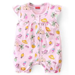 Babyhug 100% Cotton Knit Single Jersey Frill Sleeves Romper With Beach Theme Print - Pink