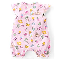 Babyhug 100% Cotton Knit Single Jersey Frill Sleeves Romper With Beach Theme Print - Pink