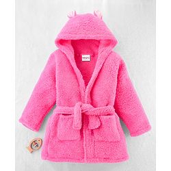 Babyhug Full Sleeves Velour Hooded Bathrobe - Pink