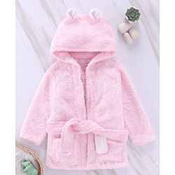 Babyhug Full Sleeves Velour Hooded Bathrobe - Pink