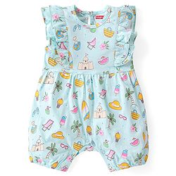 Babyhug 100% Cotton Knit Frill Sleeves Romper Beach Theme - Blue