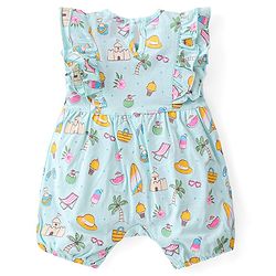 Babyhug 100% Cotton Knit Frill Sleeves Romper Beach Theme - Blue
