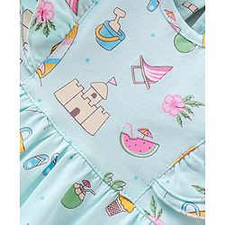 Babyhug 100% Cotton Knit Frill Sleeves Romper Beach Theme - Blue