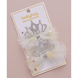 Babyhug Free Size  Bow Clips with Crown Applique Pack of 2 - Beige