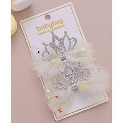 Babyhug Free Size  Bow Clips with Crown Applique Pack of 2 - Beige