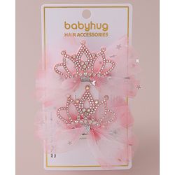 Babyhug Free Size Bow Clips with Crown Applique Pack of 2 - Pink