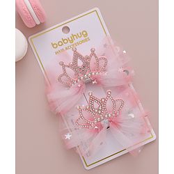 Babyhug Free Size Bow Clips with Crown Applique Pack of 2 - Pink