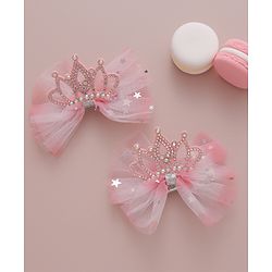 Babyhug Free Size Bow Clips with Crown Applique Pack of 2 - Pink