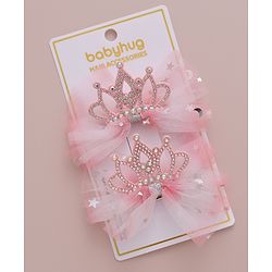 Babyhug Free Size Bow Clips with Crown Applique Pack of 2 - Pink