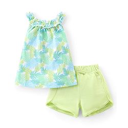 Babyhug 100% Cotton Sleeveless Top and Shorts Set Floral Print - Green & Blue