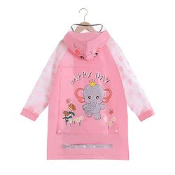 Babyhug Full Sleeves Knee Length Hooded Raincoat Elephant Print - Peach