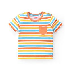 Babyhug 100% Cotton Knit Half Sleeves Striped T-Shirt with Front Pocket - Multicolour