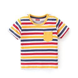 Babyhug 100% Cotton Knit Half Sleeves Striped T-Shirt with Front Pocket - Multicolour