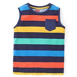 Babyhug 100% Cotton Knit Sleeveless Striped T-Shirt with Pocket - Multicolour