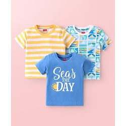 Babyhug Cotton Knit Half Sleeves T-Shirts with Striped & Beach Theme Print Pack of 3 - Blue & Yellow