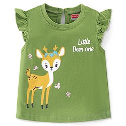 Babyhug 100% Cotton Knit Frill Detailing T-Shirt With Deer Graphics - Olive Green