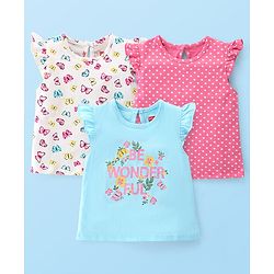 Babyhug Cotton Knit Frill Sleeves Top With Butterfly & Text Print Pack Of 3 - White Pink & Blue
