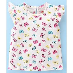 Babyhug Cotton Knit Frill Sleeves Top With Butterfly & Text Print Pack Of 3 - White Pink & Blue