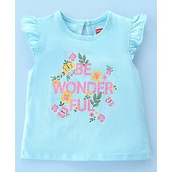 Babyhug Cotton Knit Frill Sleeves Top With Butterfly & Text Print Pack Of 3 - White Pink & Blue