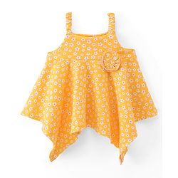 Babyhug Sleeveless Cotton Knit Top with Floral Print & Corsage Detailing  - Yellow