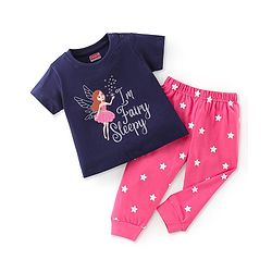 Babyhug Cotton Knit Half Sleeves Night Suit With Fairly Print - Navy Blue & Pink