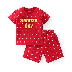 Babyhug Cotton Knit Half Sleeves Night Suit With Text Print - Red