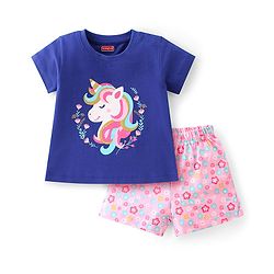 Babyhug Cotton Knit Half Sleeve Night Suit With Unicorn Print -  Blue & Pink