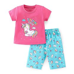 Babyhug Single Jersey Knit Half Sleeves Night Suit With Unicorn Print - Pink & Blue