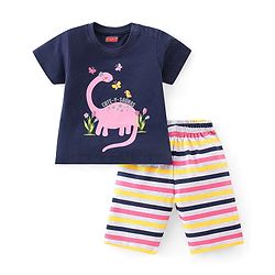Babyhug Cotton Knit Half Sleeves Capri Night Suit With Dino Print - Navy Blue