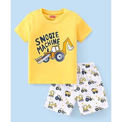 Babyhug Cotton Knit Half Sleeves Night Suit With JCB & Text Print - Yellow & White