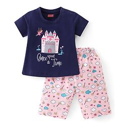 Babyhug Cotton Knit Half Sleeves Capri Night Suit With Castle Print - Navy Blue  & Pink