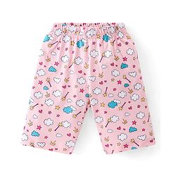 Babyhug Cotton Knit Half Sleeves Capri Night Suit With Castle Print - Navy Blue  & Pink