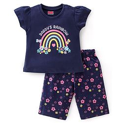 Babyhug Cotton Knit Single Jersey Half Sleeves Capri Night Suit With Floral Print - Navy Blue