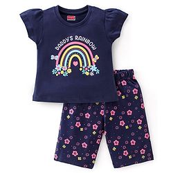 Babyhug Cotton Knit Single Jersey Half Sleeves Capri Night Suit With Floral Print - Navy Blue