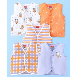Babyhug 100% Cotton Sleeveless Front Open Jhablas Jungle Animals Printed & Striped Pack of 5 - Orange Blue & White