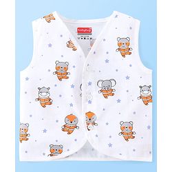 Babyhug 100% Cotton Sleeveless Front Open Jhablas Jungle Animals Printed & Striped Pack of 5 - Orange Blue & White