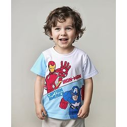 Babyhug Marvel Cotton Knit Half Sleeves T-Shirt with Avengers Print - White & Blue