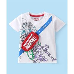 Babyhug Marvel 100% Cotton Knit Half Sleeves T-Shirt with Avengers Graphics & Fanny Bag Applique - White