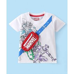 Babyhug Marvel 100% Cotton Knit Half Sleeves T-Shirt with Avengers Graphics & Fanny Bag Applique - White