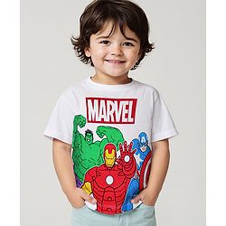 Babyhug Marvel 100% Cotton Knit Half Sleeves T-Shirt With Avengers Graphics -White