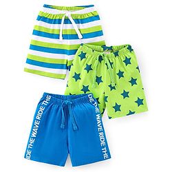 Babyhug Cotton Knit Striped & Starts Printed Shorts Pack of 3 - Green & Blue