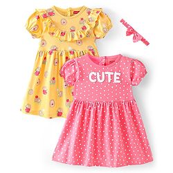 Babyhug Cotton Jersey Knit Half Sleeves Frock with Headband Heart and Porcupine Print  Pack of 2 - Pink & Yellow