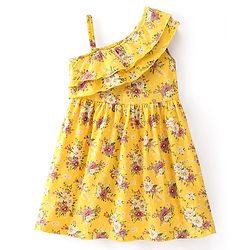 Babyhug 100% Cotton Jersey One Shoulder Frock With Floral Print - Yellow