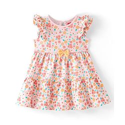 Babyhug 100% Cotton Jersey Frill Sleeves Frock with Floral Print With Bow Applique- Peach