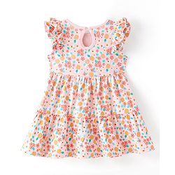 Babyhug 100% Cotton Jersey Frill Sleeves Frock with Floral Print With Bow Applique- Peach