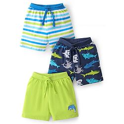 Babyhug Cotton Knit Striped & Shark Printed Shorts Pack of 3 - Green & Blue