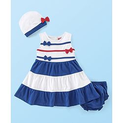 Babyhug 100% Cotton Jersey Knit Sleeveless Frock with Bloomer & Cap  -White & Blue