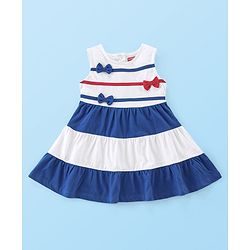 Babyhug 100% Cotton Jersey Knit Sleeveless Frock with Bloomer & Cap  -White & Blue