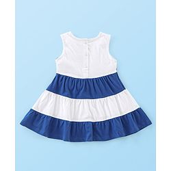 Babyhug 100% Cotton Jersey Knit Sleeveless Frock with Bloomer & Cap  -White & Blue